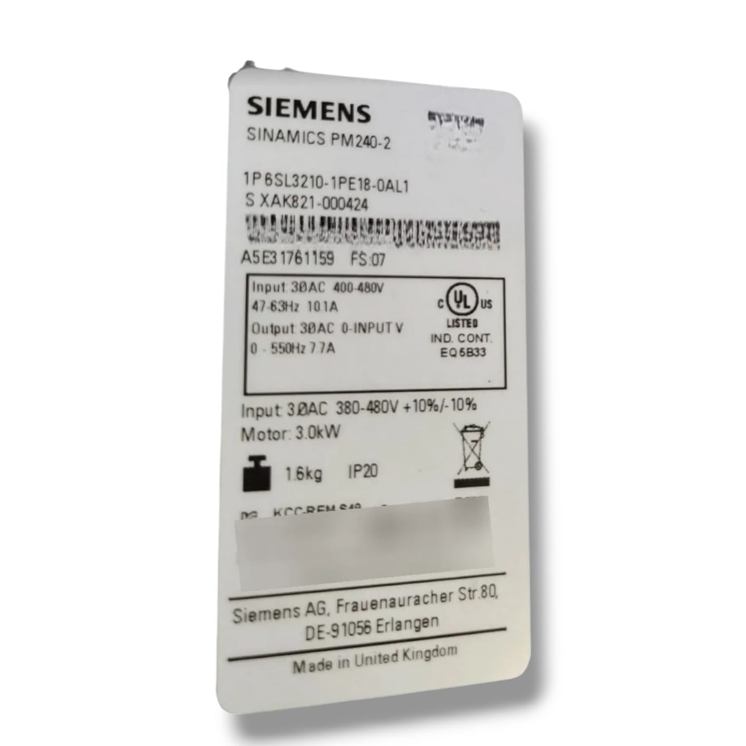 SIEMENS 6SL3210‑1PE18‑0AL1 MODULO DE POTENCIA