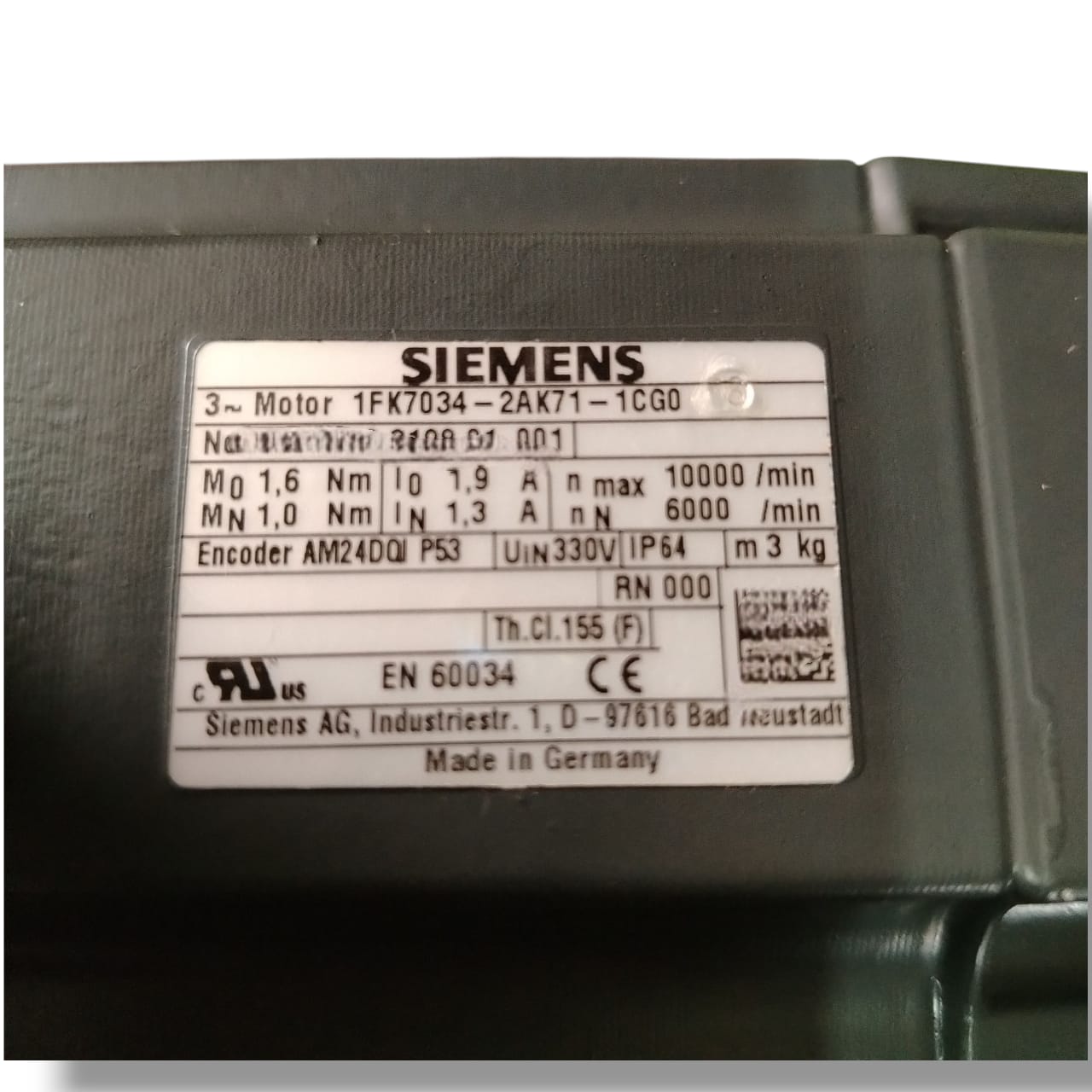 SIEMENS 1FK7034-2AK71-1CG0 SERVO MOTOR