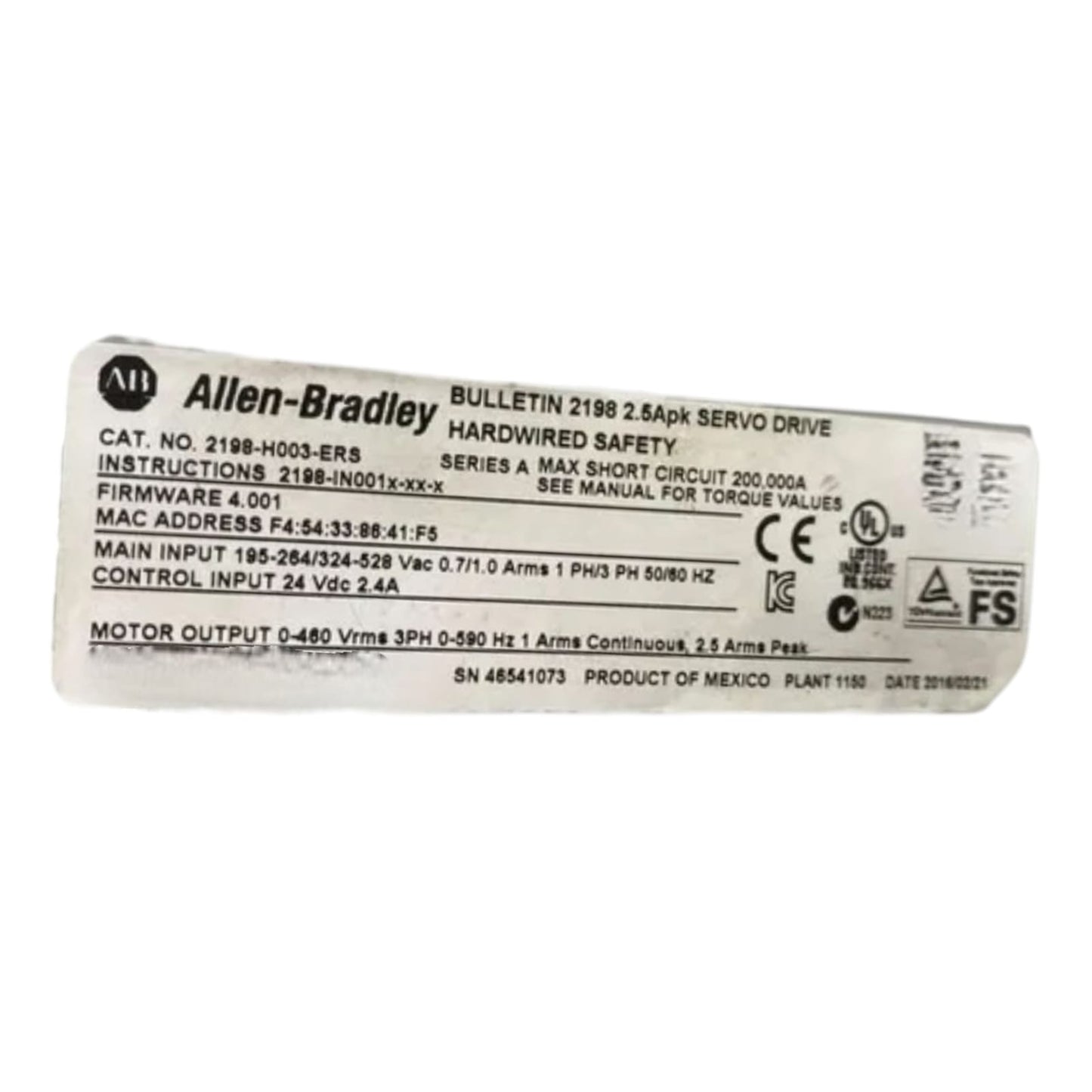 Allen Bradley 2198-h003-ers Ser A servodrive