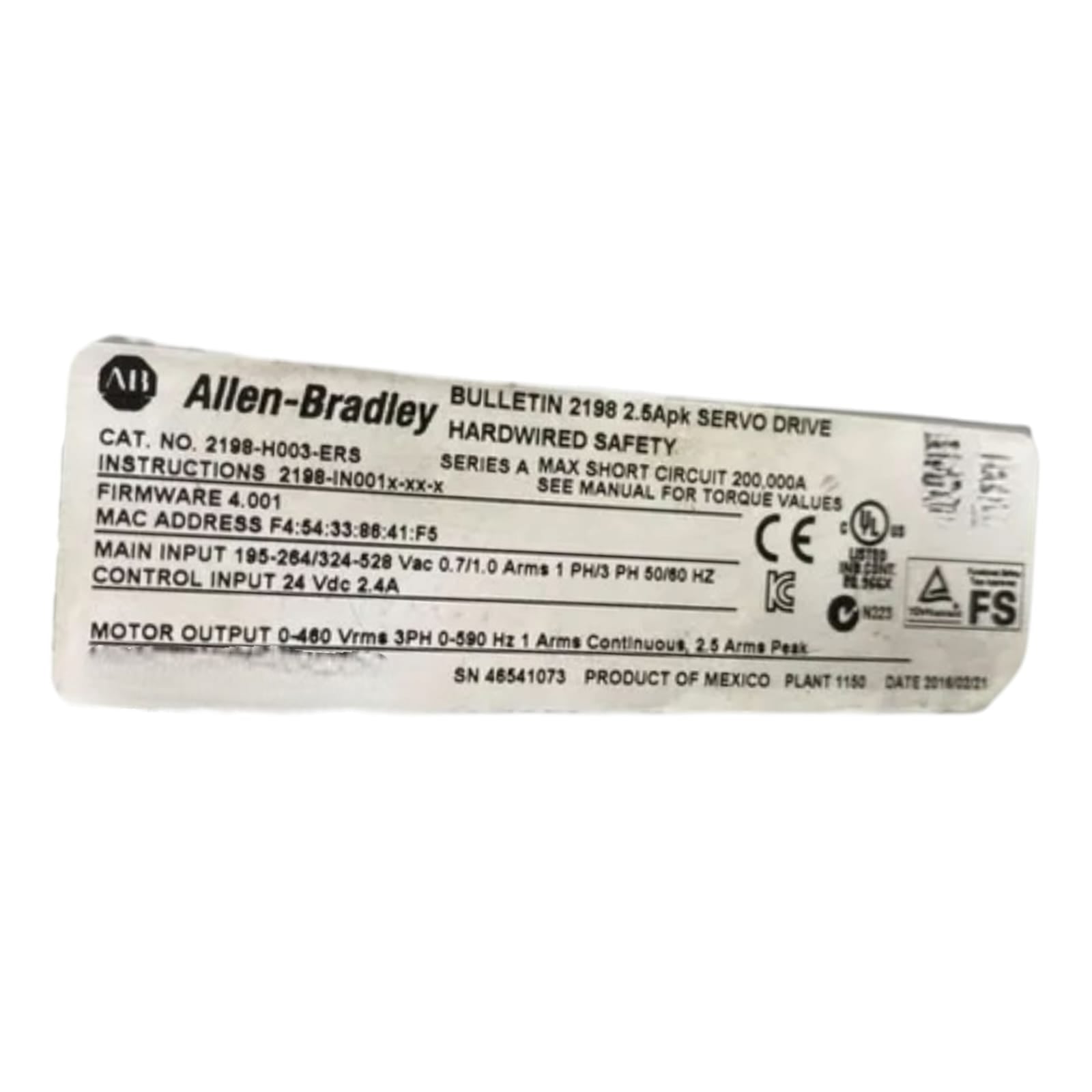Allen Bradley 2198-h003-ers Ser A servodrive