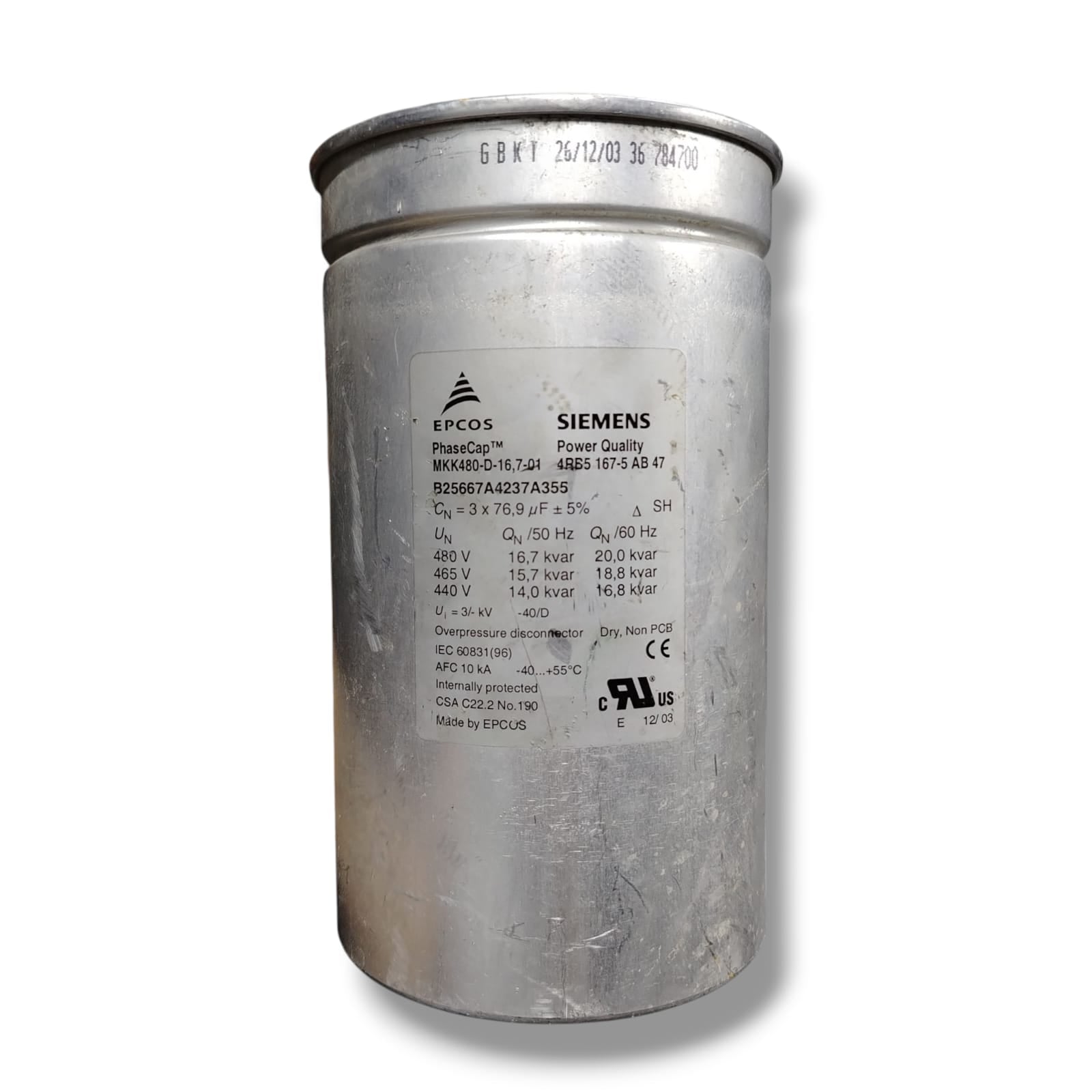 SIEMENS MKK480-D-16,7-01 CONDENSADOR DE POTENCIA TRIFASICO