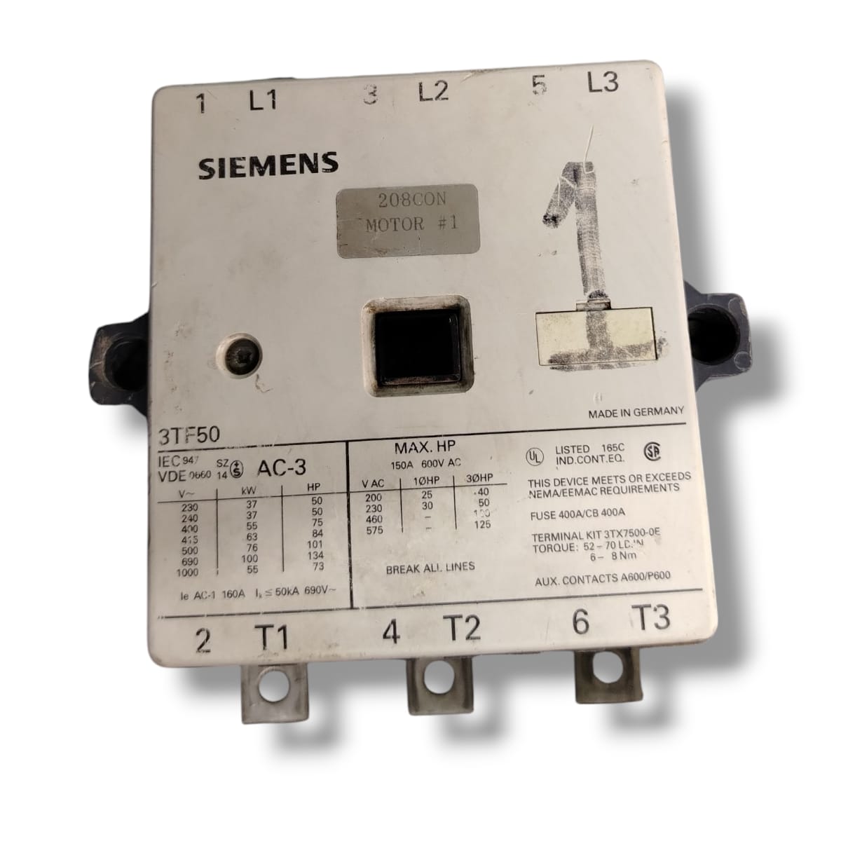 SIEMENS 3TF5022-0AK6 CONTACTOR PARA MOTORES ÉLECTRICOS TRIFÁSICOS (CON DETALLE)