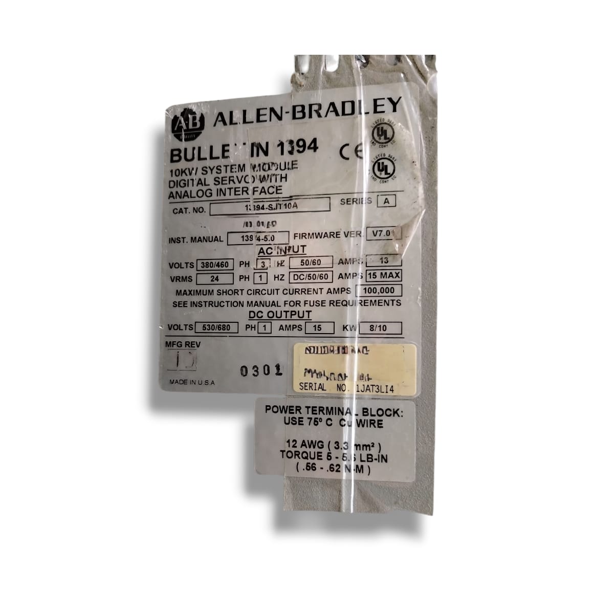 ALLEN BRADLEY 1394-SJT10A SER A SERVO CONTROLADOR (SIN TAPA)