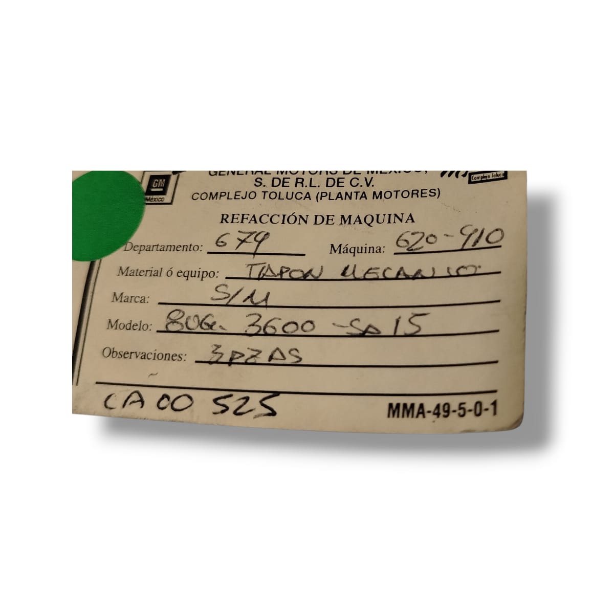 S/M 8V6-3600-SA15 TAPON MECANICO