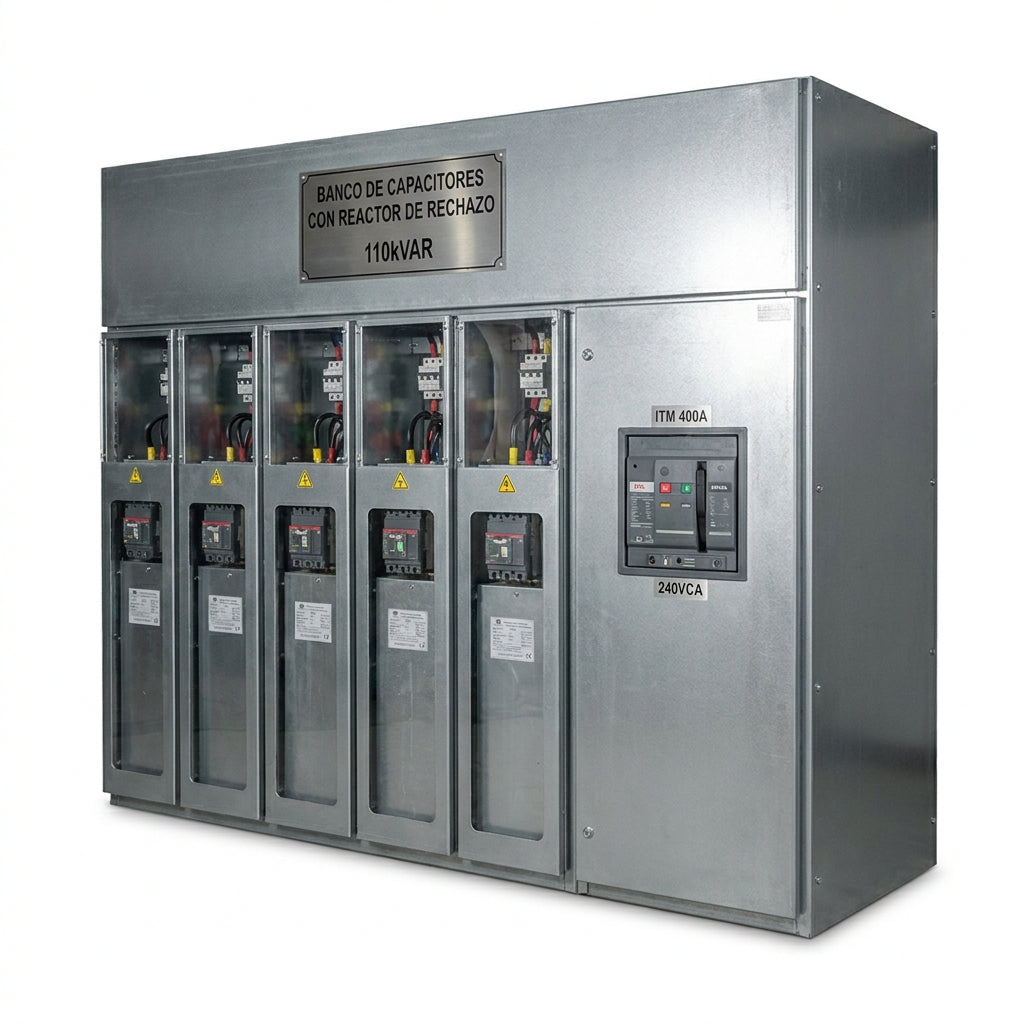 Banco de capacitores con reactor de rechazo 110kVAR 6pasos con ITM 400A 240VCA
