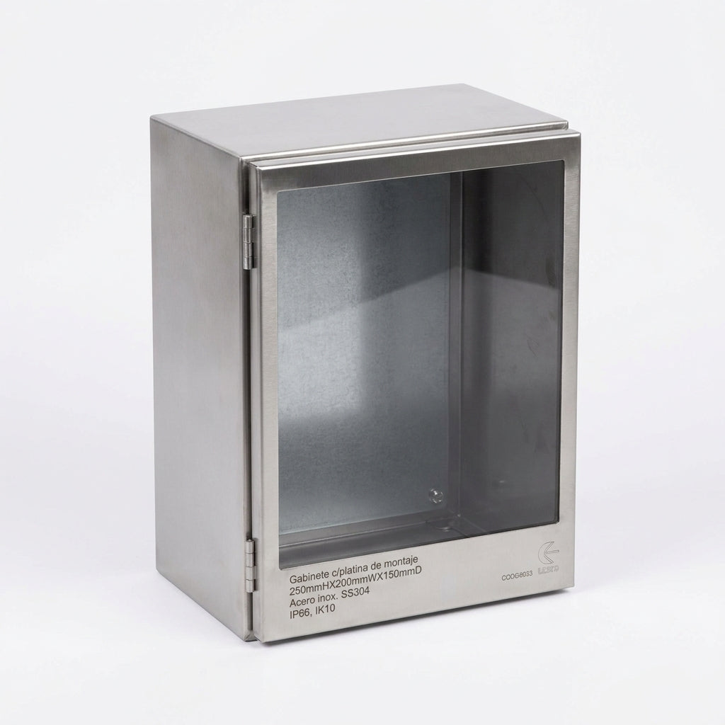Gabinete c/platina de montaje 250mmHX200mmWX150mmD Acero inox. SS304 IP66, IK10
