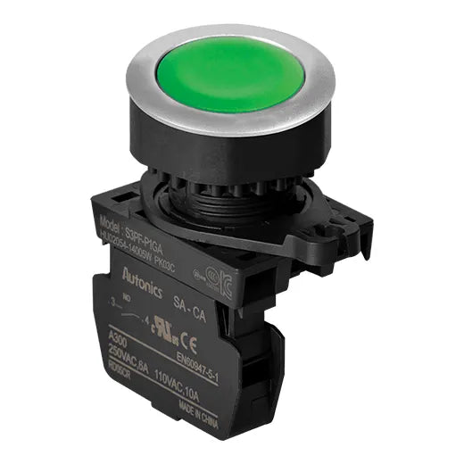 S3PF-P1GAM Botón pulsador redondo rasante 30mm momentáneo verde 1NA