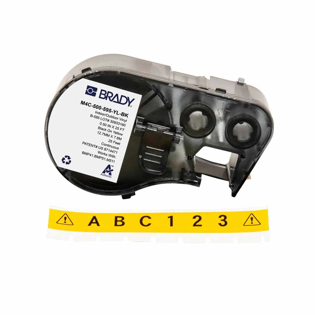 Etiqueta continua de vinilo 1/2″ 0.5W in x 25L ft Negro en Amarillo