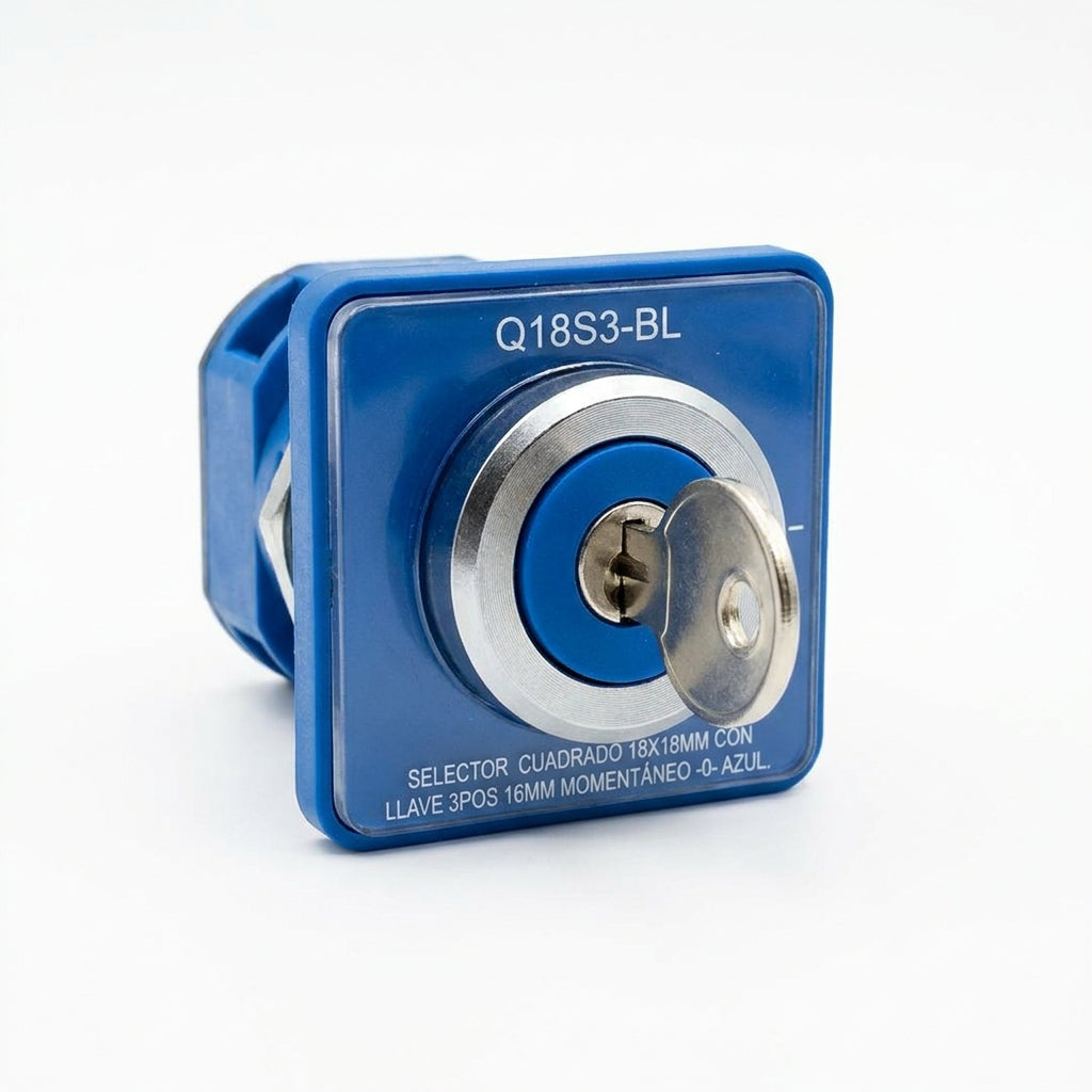 Q18S3-BL Selector cuadrado 18X18mm con Llave 3pos 16mm Momentáneo -0- Azul