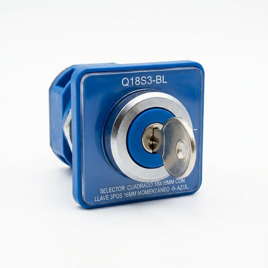 Q18S3-BL Selector cuadrado 18X18mm con Llave 3pos 16mm Momentáneo -0- Azul
