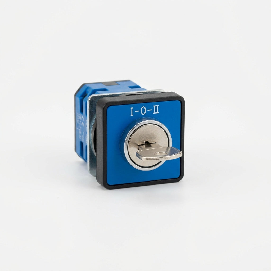 Q25S3R-BL Selector cuadrado 25X25mm con Llave 3pos 16mm Mantenido -I-0-II- Azul