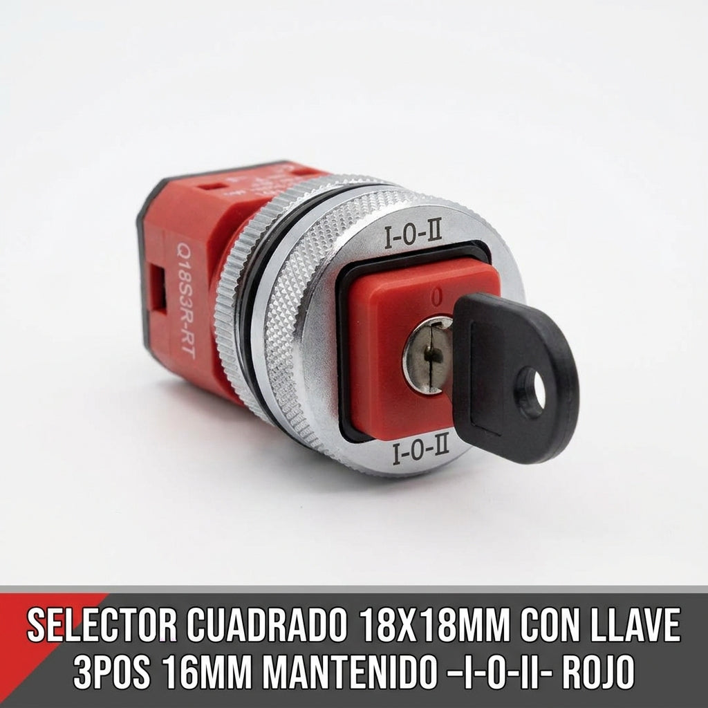 Q18S3R-RT Selector cuadrado 18X18mm con Llave 3pos 16mm Mantenido -I-0-II- Rojo