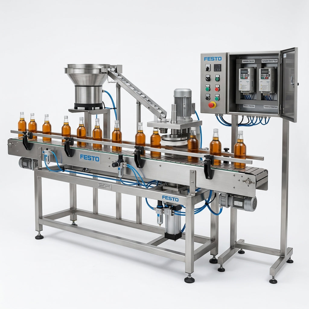 FESTO Banda transportadora 3m con tablilla de 3 1/4, sistema de carrillera de tapa y taponadora, todo en acero inoxidable 304 con una velocidad de 30/40 botellas x min. Incluye tablero electrico con variador para banda, variador para disco de tapa.