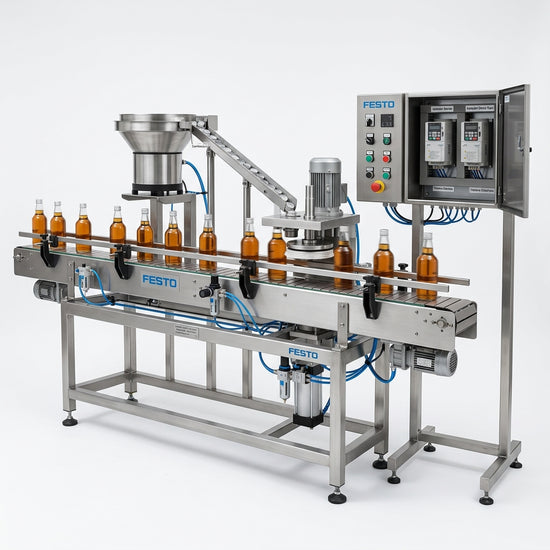FESTO Banda transportadora 3m con tablilla de 3 1/4, sistema de carrillera de tapa y taponadora, todo en acero inoxidable 304 con una velocidad de 30/40 botellas x min. Incluye tablero electrico con variador para banda, variador para disco de tapa.