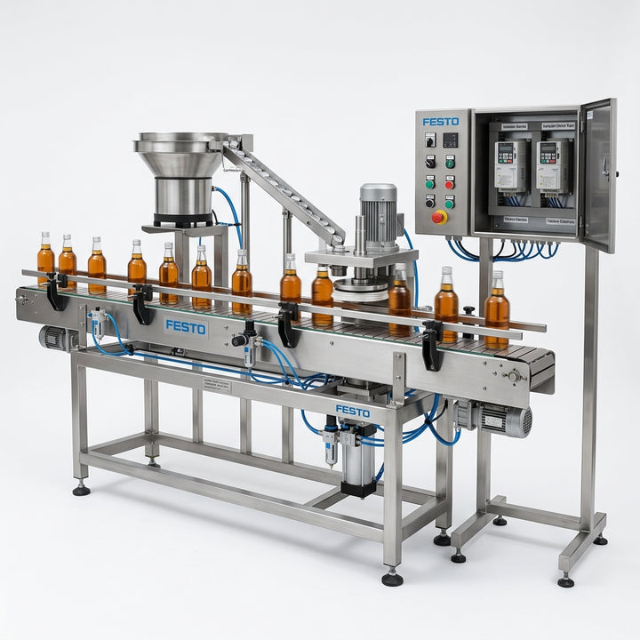 FESTO Banda transportadora 3m con tablilla de 3 1/4, sistema de carrillera de tapa y taponadora, todo en acero inoxidable 304 con una velocidad de 30/40 botellas x min. Incluye tablero electrico con variador para banda, variador para disco de tapa.