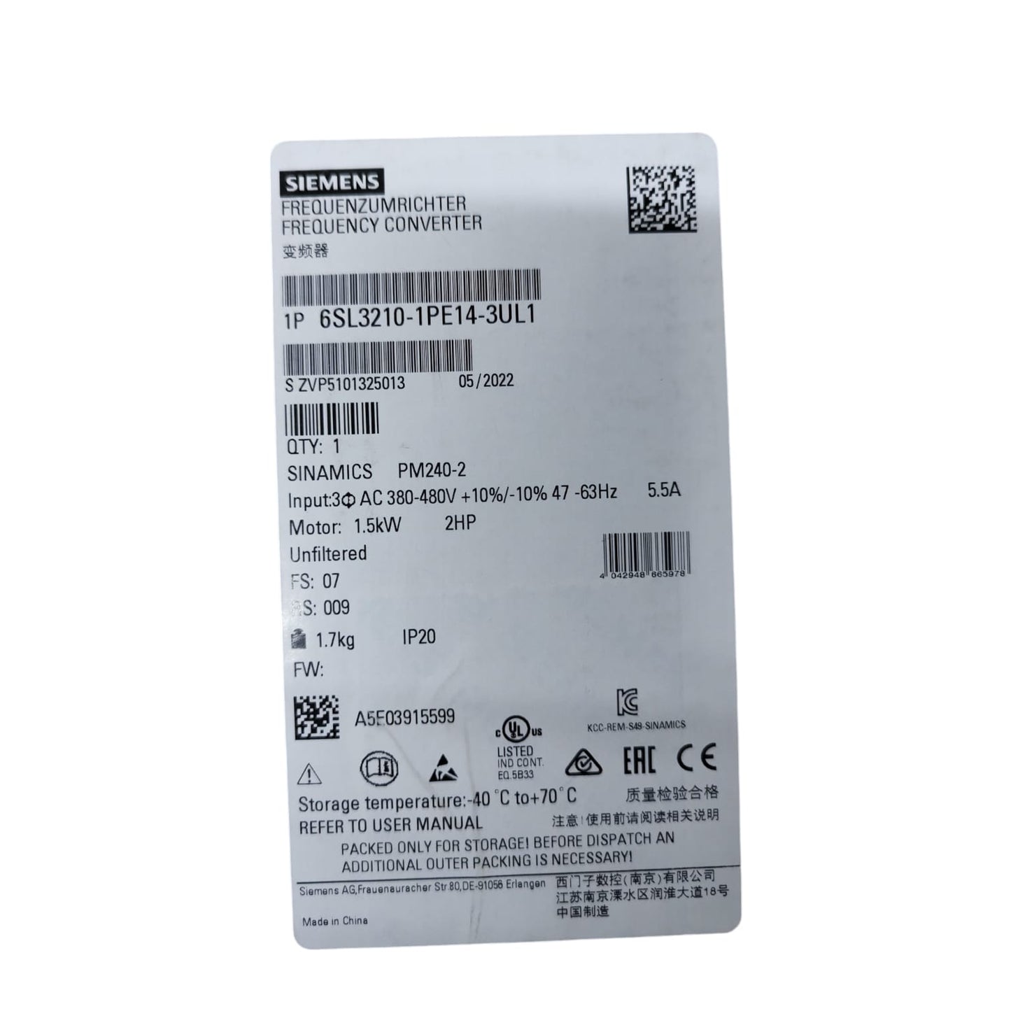 Siemens 6SL3210-1PE14-3UL1 Sinamics Power Module