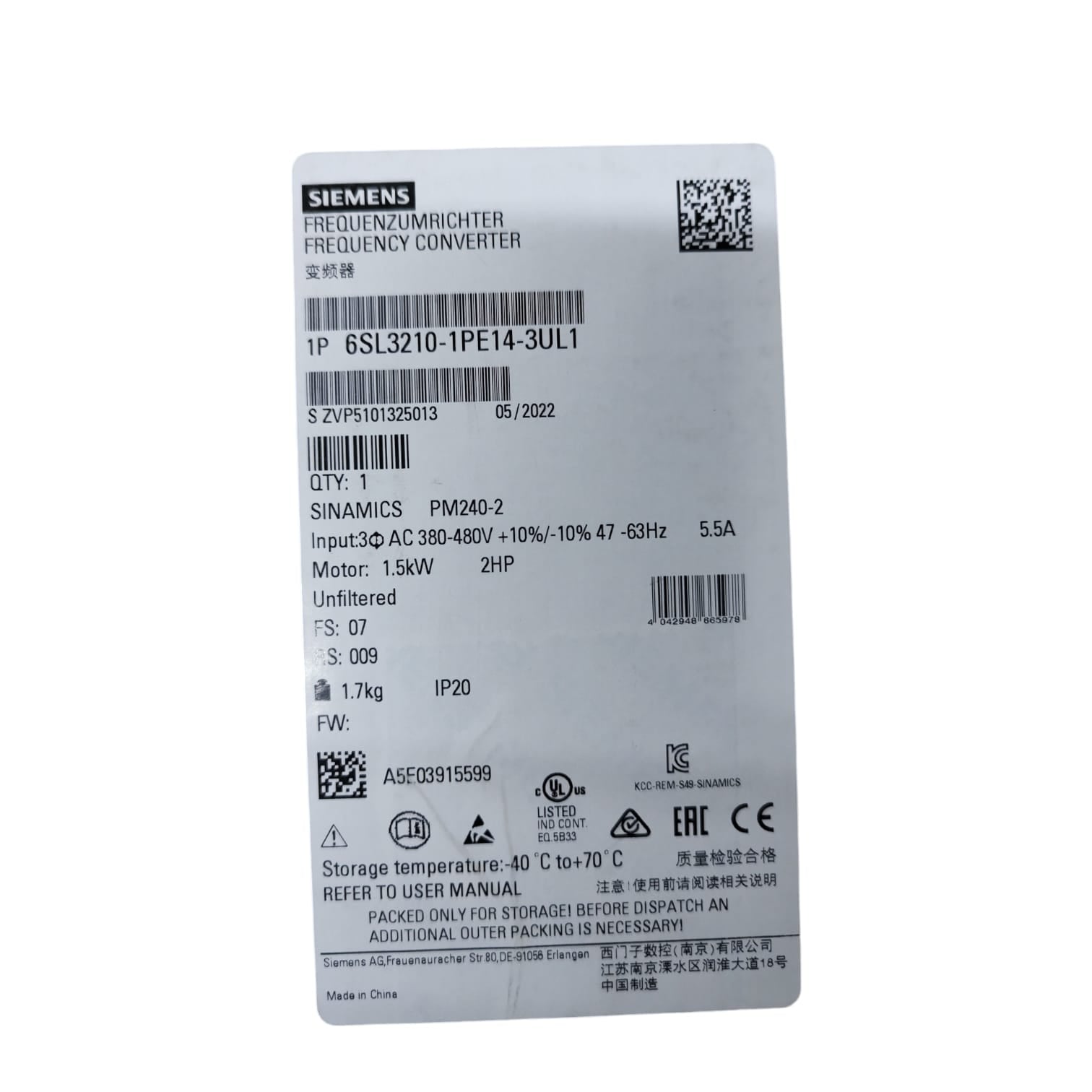 Siemens 6SL3210-1PE14-3UL1 Sinamics Power Module