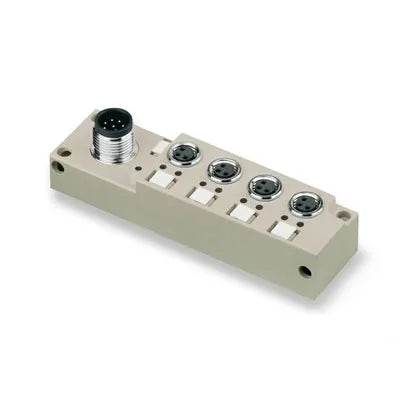 SAI-4-S 3P M8 L Distribuidor pasivo LED con 4 sockets M8 3P Salida M12 IP68