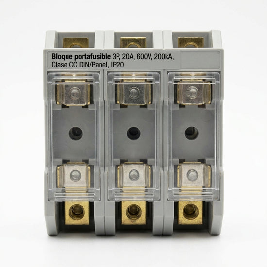 Bloque portafusible 3P, 20A, 600V, 200kA, Clase CC DIN/Panel, IP20