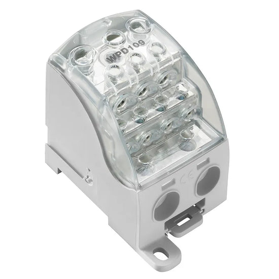 WPD 109 Bloque de distribución 1 polo 1x185mm² 2×35+3×25+4x16mm² 490A 1000VCA Gr