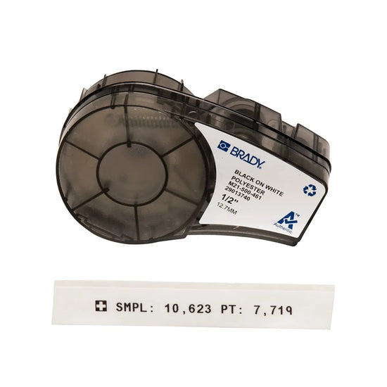 Etiqueta continua de tela de poliester 0.5″ 0.5W in x 21L ft Negro en Blanco