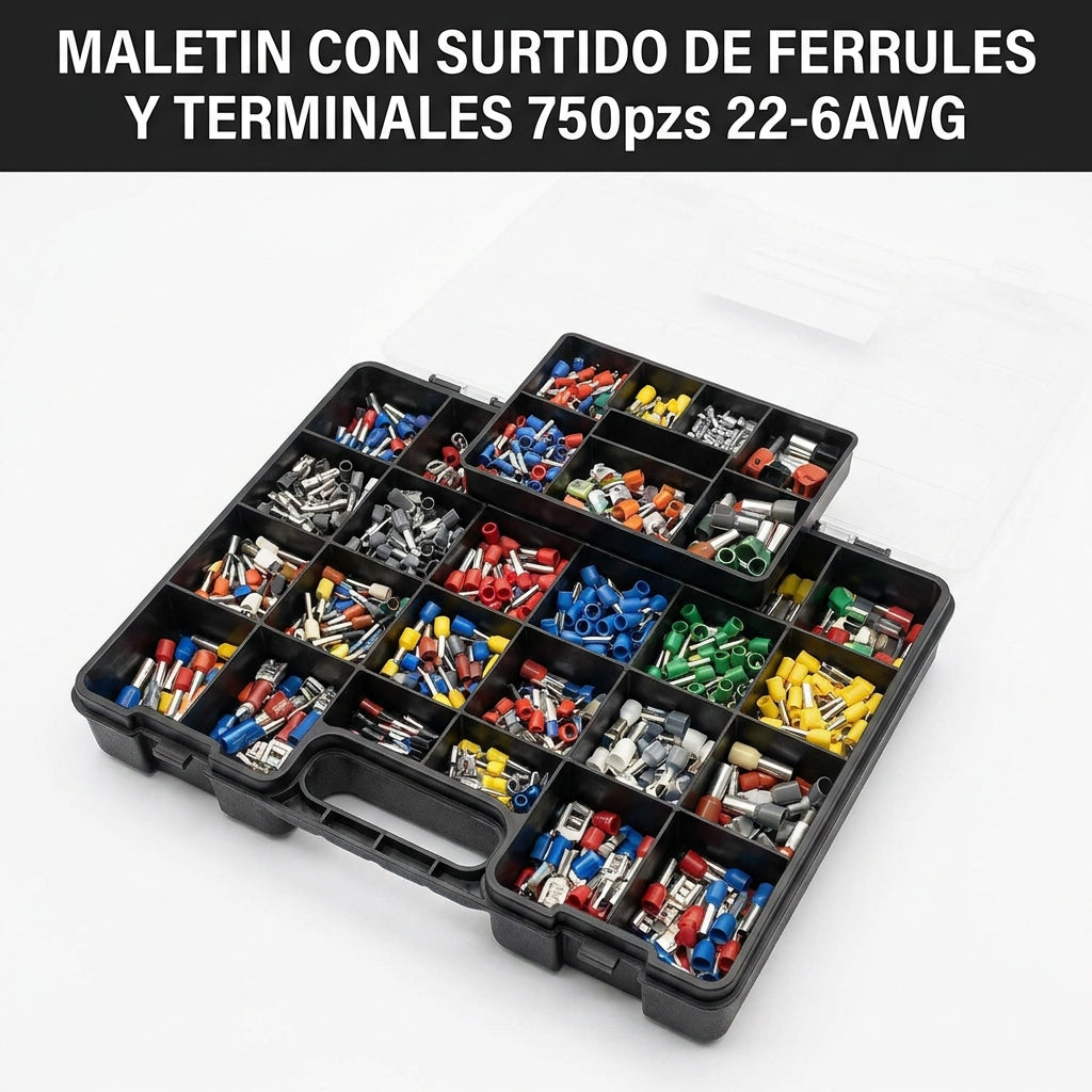 Maletin con surtido de ferrules y terminales 750pzs 22-6AWG