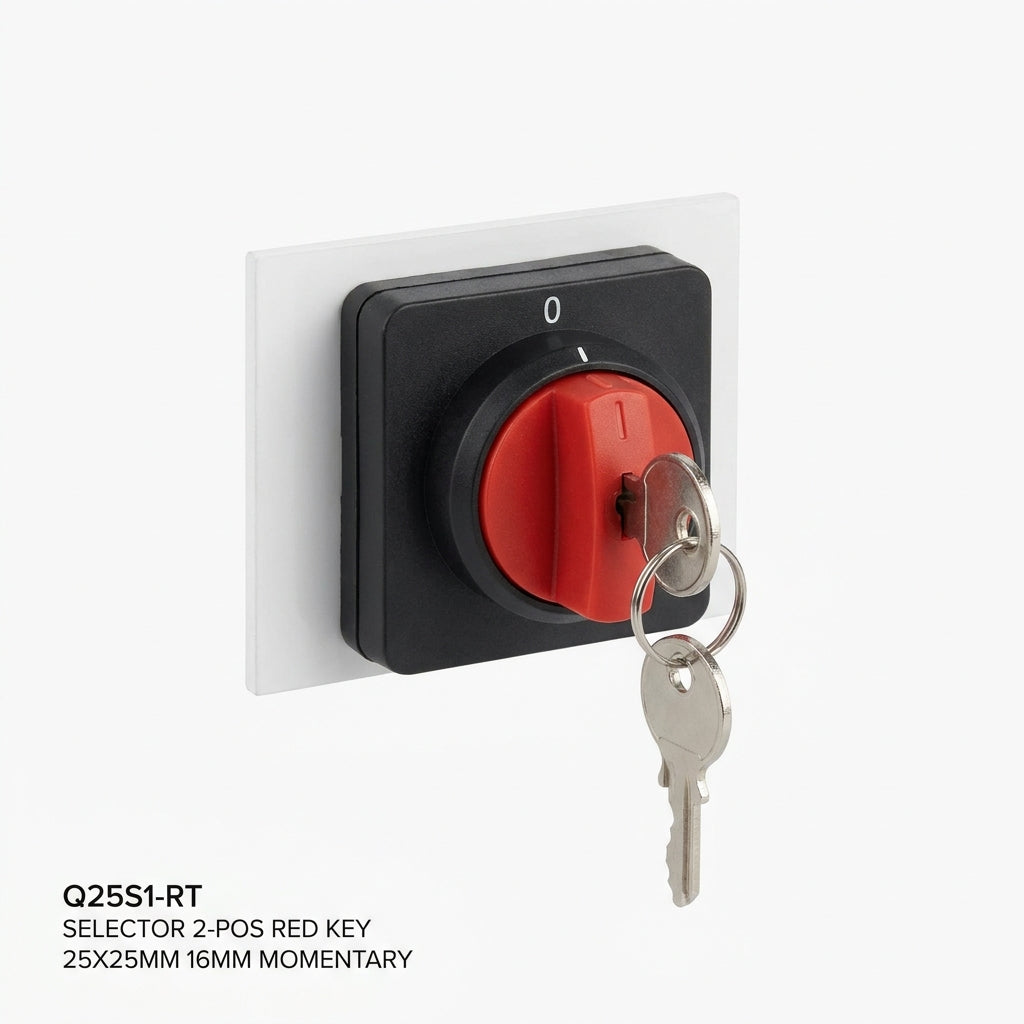 Q25S1-RT Selector cuadrado 25X25mm con Llave 2pos 16mm Momentáneo -0- Rojo