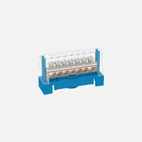 Terminal de neutro atornillada 7 orificios 2x6AWG + 5x8AWG 750VCA Azul