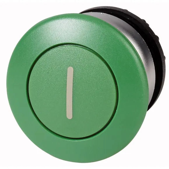 M22-DRP-G-X1 Botón Hongo B/plata 22mm Mantenido -I- placa/Verde Cabezal/Verde