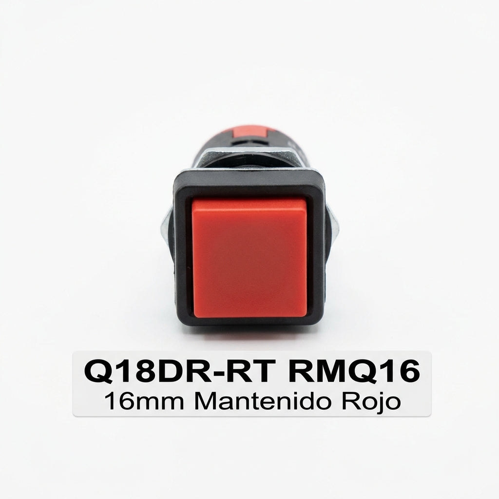 Q18DR-RT RMQ16 Botón cuadrado 18x18mm Plano B/negro 16mm Mantenido Rojo