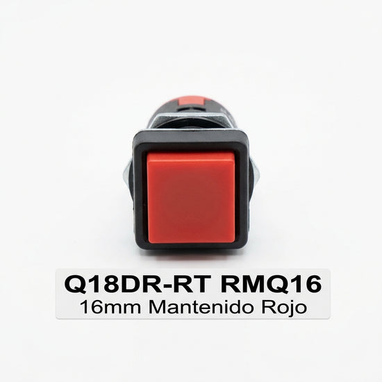 Q18DR-RT RMQ16 Botón cuadrado 18x18mm Plano B/negro 16mm Mantenido Rojo