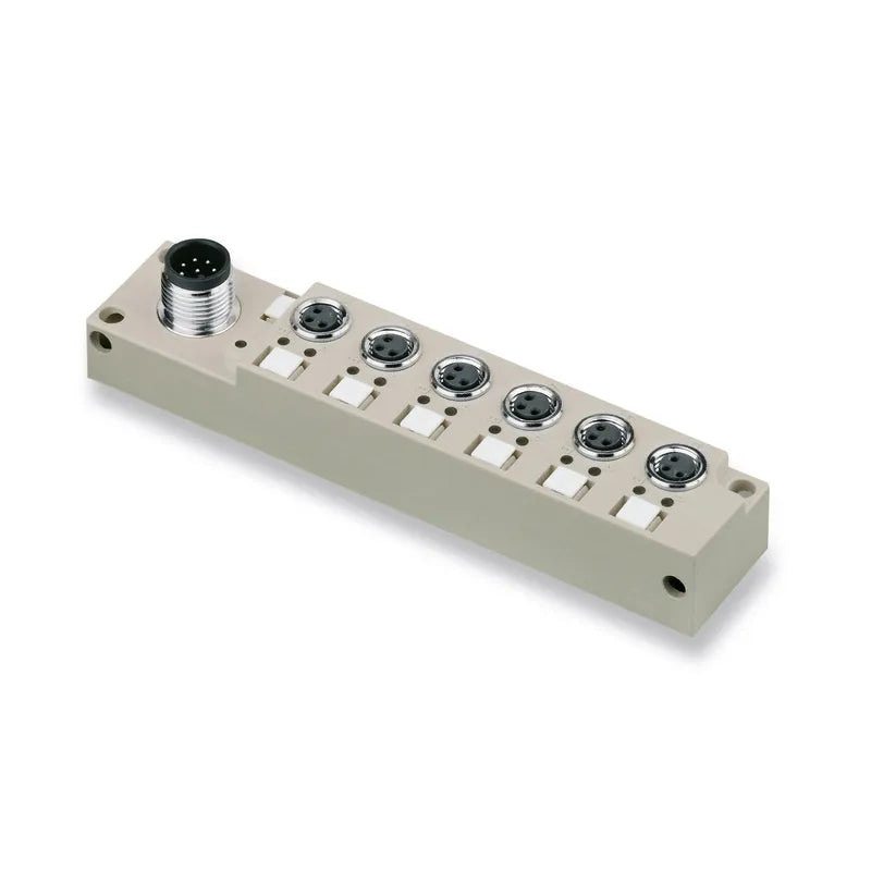 SAI-6-S 3P M8 L Distribuidor pasivo LED con 6 sockets M8 3P Salida M12 IP68