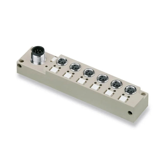 SAI-6-S 3P M8 L Distribuidor pasivo LED con 6 sockets M8 3P Salida M12 IP68