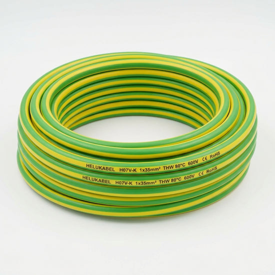 Cable de cobre tipo THW H07V HELUKABEL 1×2 AWG PVC – verde/amarillo 80°C 600v