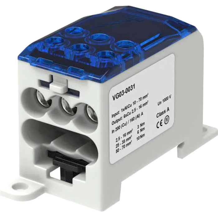 Bloque de distribución 1 polo 10-70mm² 6x(2.5-16)mm² 160A 1000VCA Azul
