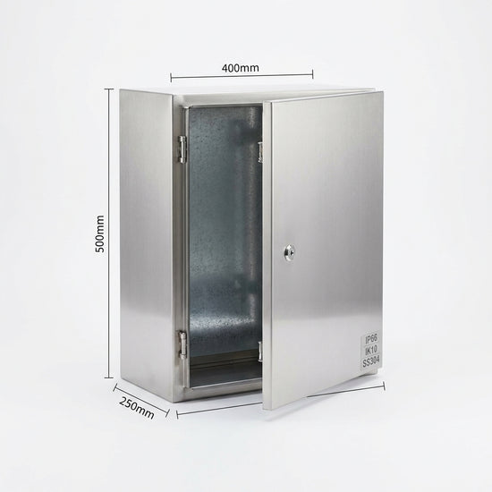 Gabinete c/platina de montaje 500mmHX400mmWX250mmD Acero inox. SS304 IP66, IK10
