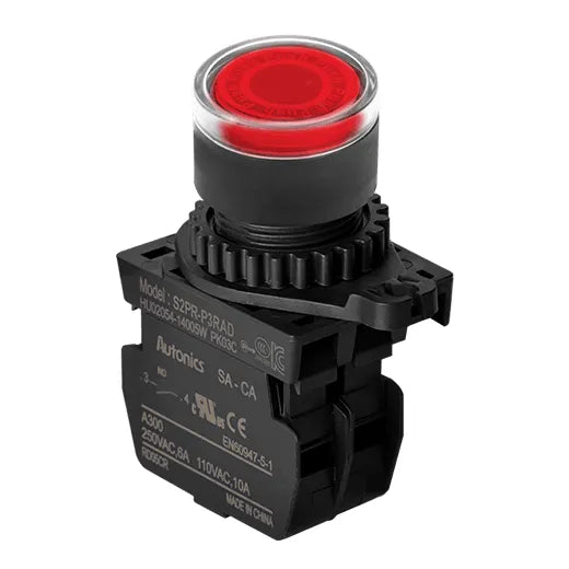 S2PR-P3RAL Botón iluminado saliente 22mm momentáneo rojo 110-220VAC 1NA